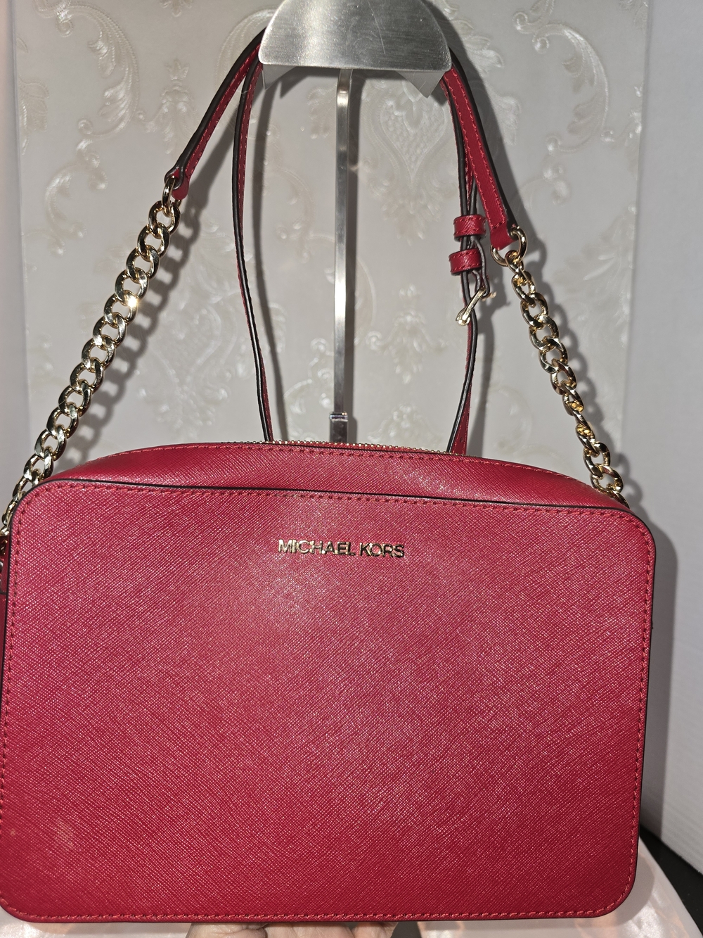Michael Kors Hot Pink Saffiano Crossbody Bag with Gold Chain